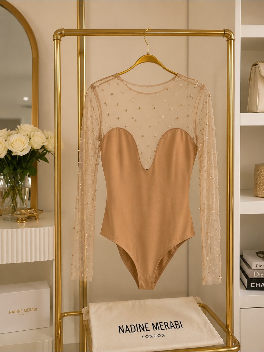NADINE MERABI Nude Sheer Pearl-Embellished Long Sleeve Bodysuit